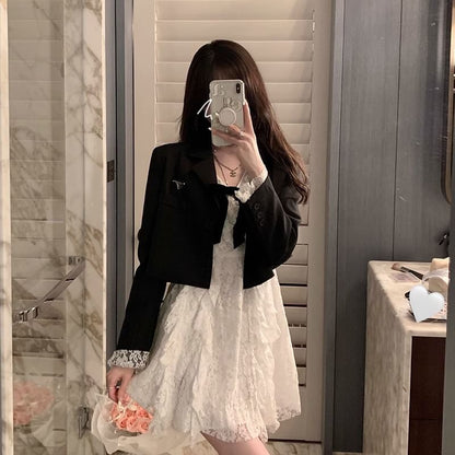 Long-Sleeve V-Neck Bow Lace Mini A-Line Dress / Plain Crop Blazer SpreePicky