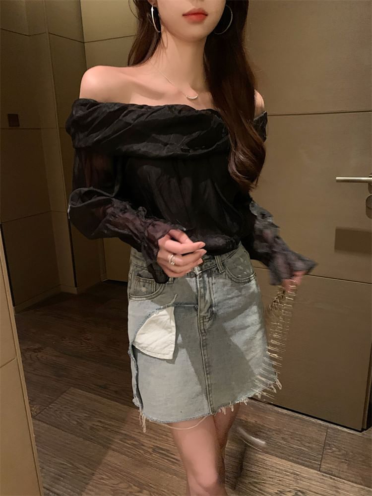 Long-Sleeve Off-Shoulder Plain Blouse SpreePicky