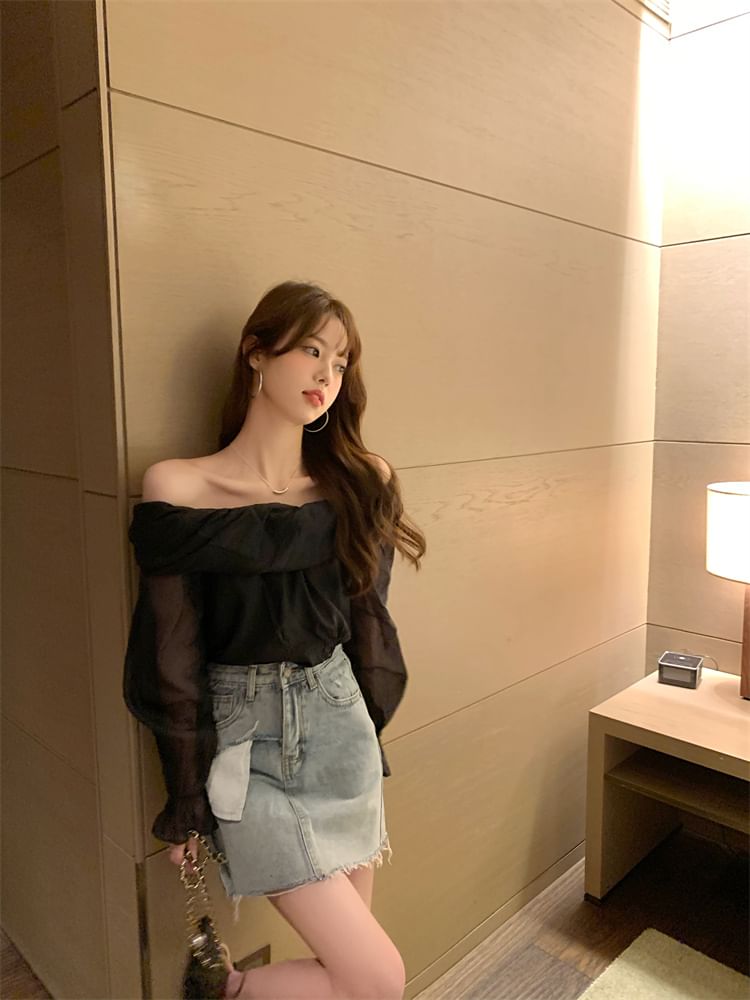 Long-Sleeve Off-Shoulder Plain Blouse SpreePicky