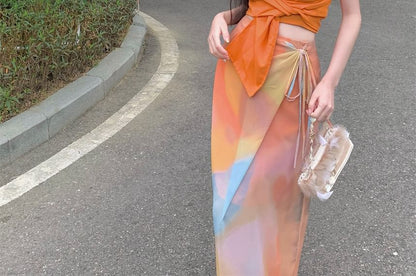 Halter Neck Plain Tie Waist Open Back Crop Top / High Waist Tie Dye Tie Side Maxi Straight Skirt / Set SpreePicky