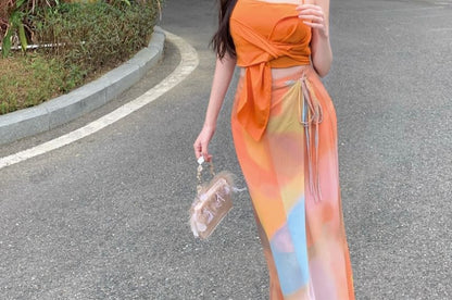 Halter Neck Plain Tie Waist Open Back Crop Top / High Waist Tie Dye Tie Side Maxi Straight Skirt / Set SpreePicky