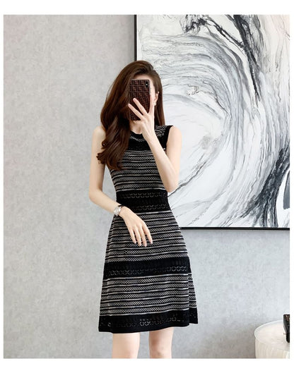 Sleeveless Round Neck Patterned Knit Mini A SpreePicky