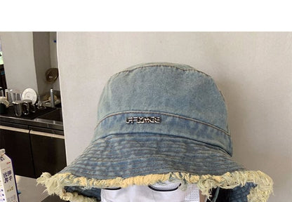 Lettering Fringed Denim Bucket Hat SpreePicky