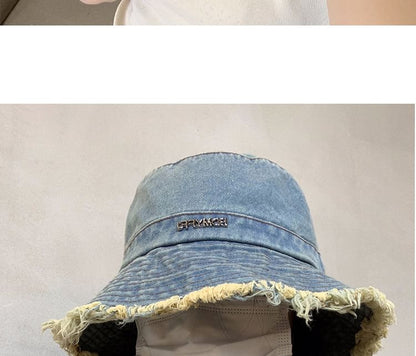 Lettering Fringed Denim Bucket Hat SpreePicky