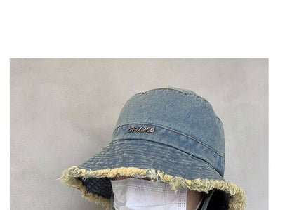 Lettering Fringed Denim Bucket Hat SpreePicky