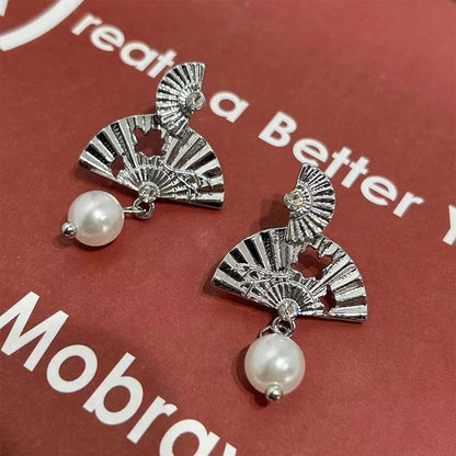 Mini Hand Fan Faux Pearl Alloy Dangle Earring SpreePicky