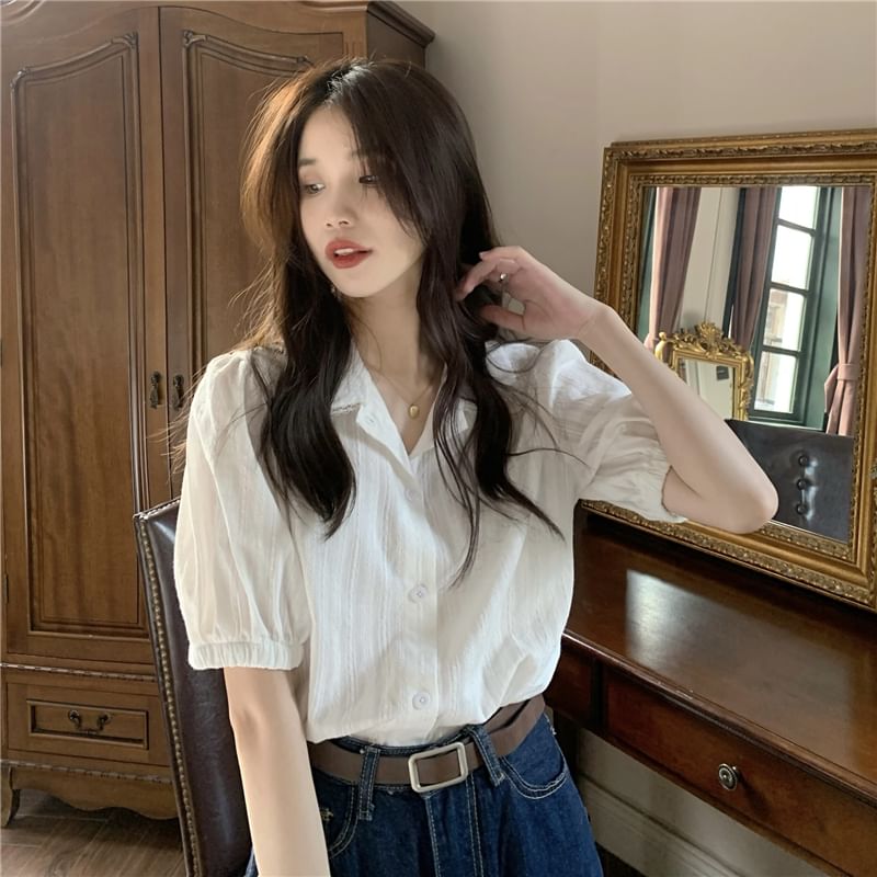 Short-Sleeve Collared Plain Blouse SpreePicky