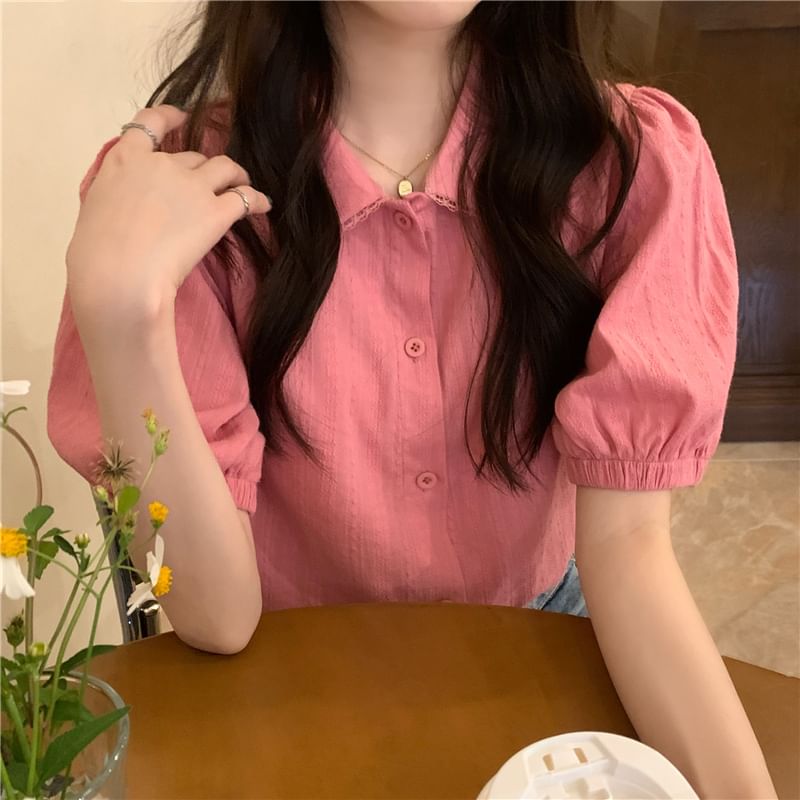 Short-Sleeve Collared Plain Blouse SpreePicky