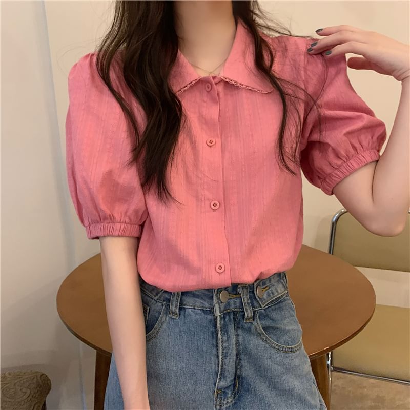 Short-Sleeve Collared Plain Blouse SpreePicky