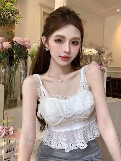 Plain Embroidered Eyelet Peplum Panel Lace Camisole Top SpreePicky