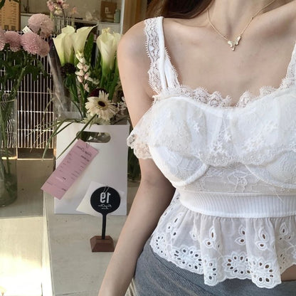 Plain Embroidered Eyelet Peplum Panel Lace Camisole Top SpreePicky