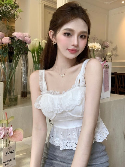 Plain Embroidered Eyelet Peplum Panel Lace Camisole Top SpreePicky