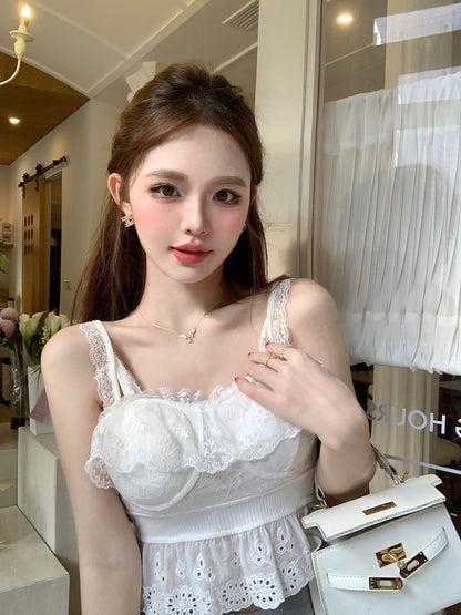 Plain Embroidered Eyelet Peplum Panel Lace Camisole Top SpreePicky