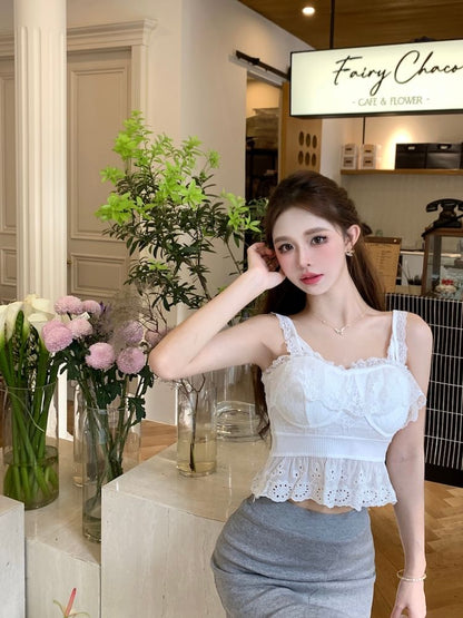 Plain Embroidered Eyelet Peplum Panel Lace Camisole Top SpreePicky