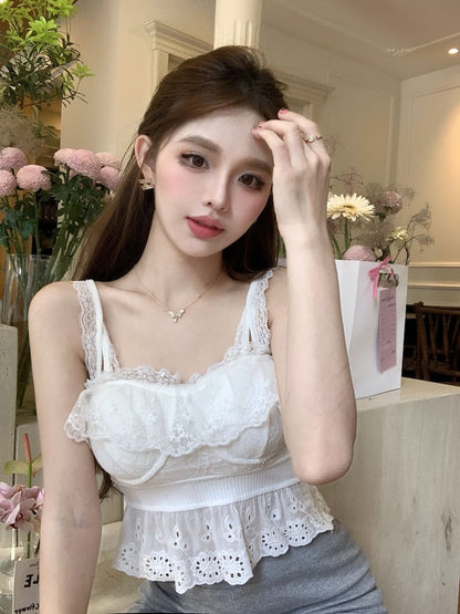 Plain Embroidered Eyelet Peplum Panel Lace Camisole Top SpreePicky