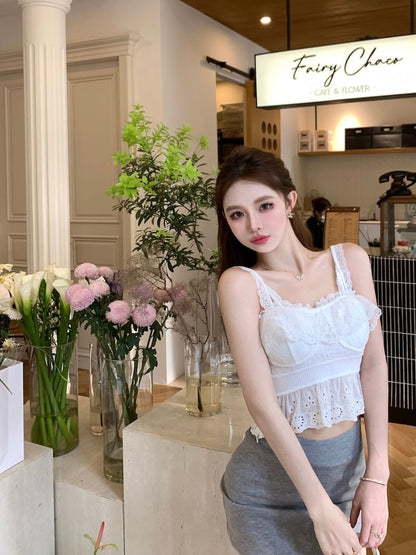 Plain Embroidered Eyelet Peplum Panel Lace Camisole Top SpreePicky