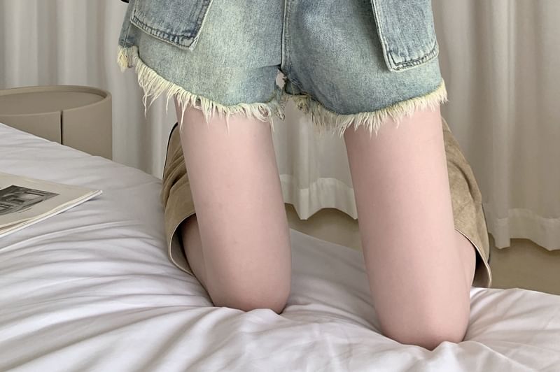 High Waist Washed Fray Mini Denim Shorts SpreePicky