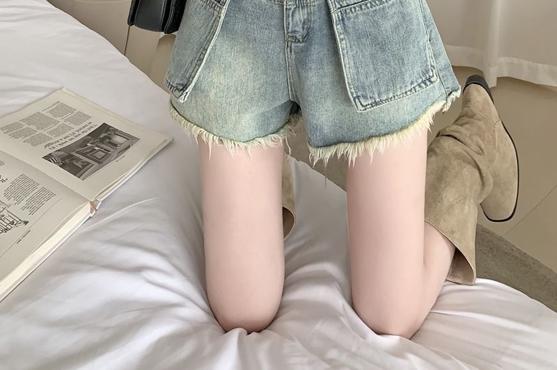 High Waist Washed Fray Mini Denim Shorts SpreePicky