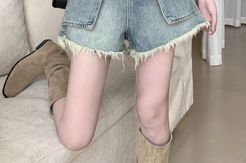 High Waist Washed Fray Mini Denim Shorts SpreePicky