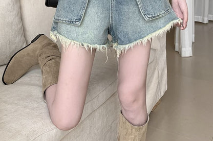 High Waist Washed Fray Mini Denim Shorts SpreePicky