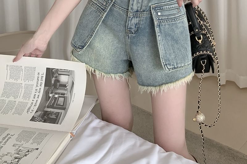 High Waist Washed Fray Mini Denim Shorts SpreePicky