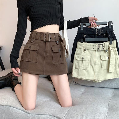 High Waist Plain Belted Mini Denim Cargo Skort SpreePicky