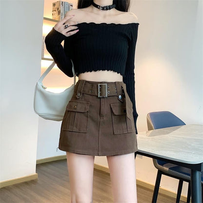 High Waist Plain Belted Mini Denim Cargo Skort SpreePicky