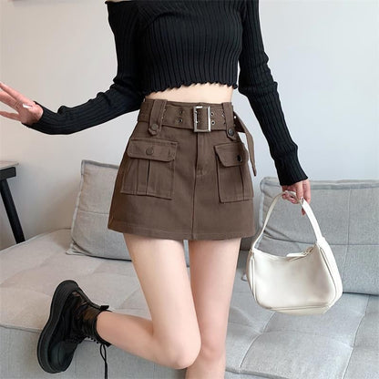 High Waist Plain Belted Mini Denim Cargo Skort SpreePicky