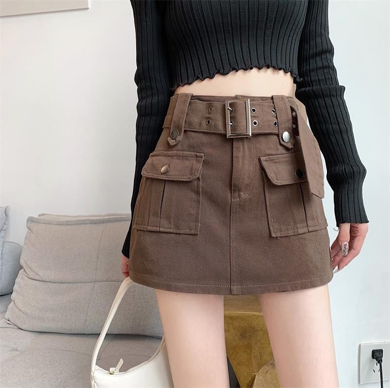 High Waist Plain Belted Mini Denim Cargo Skort SpreePicky