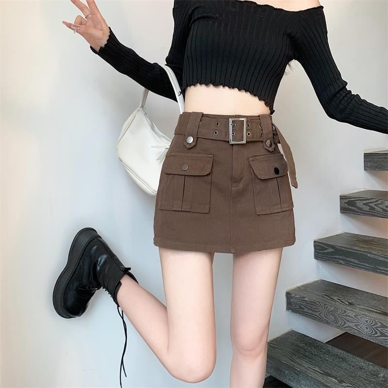 High Waist Plain Belted Mini Denim Cargo Skort SpreePicky