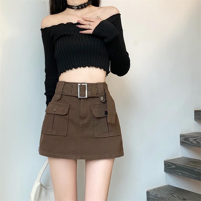 High Waist Plain Belted Mini Denim Cargo Skort SpreePicky