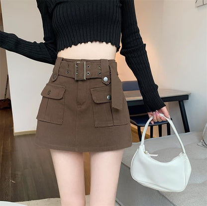 High Waist Plain Belted Mini Denim Cargo Skort SpreePicky