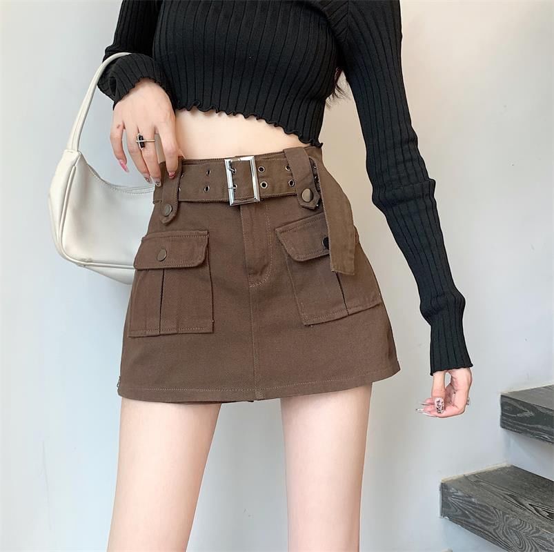 High Waist Plain Belted Mini Denim Cargo Skort SpreePicky