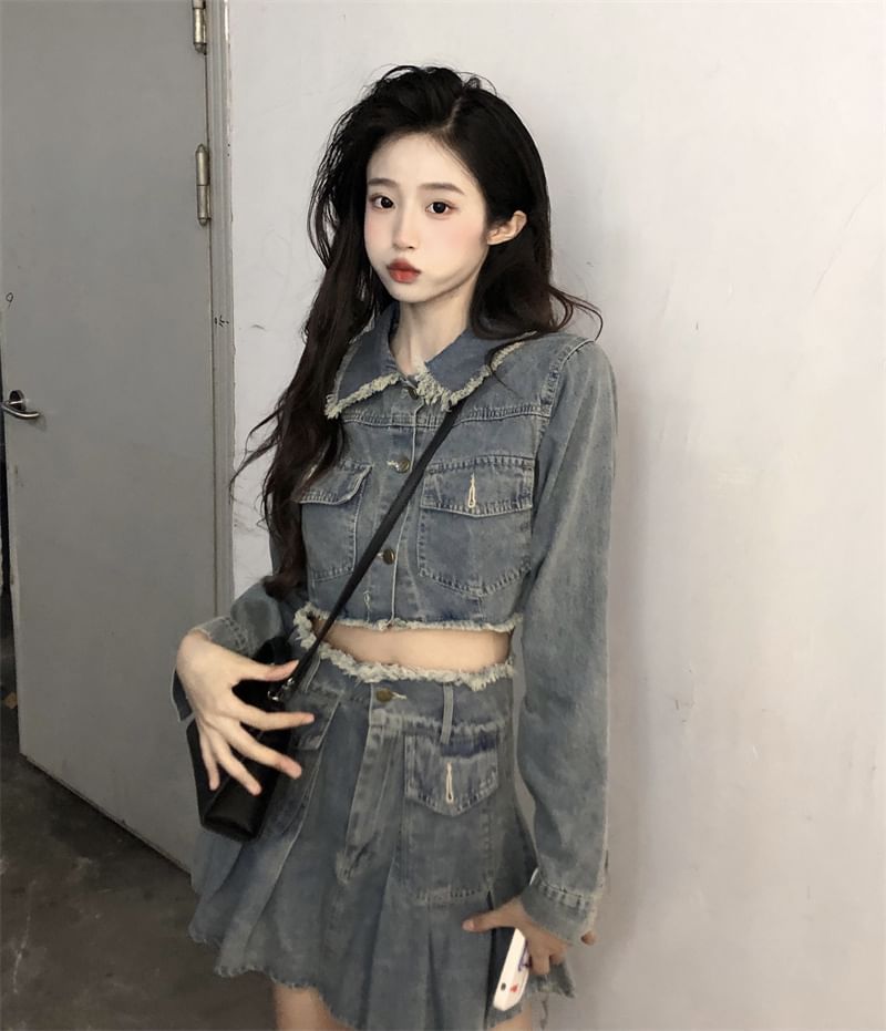 Collared Washed Fray Crop Button Denim Jacket / High Waist Pleated Mini A SpreePicky