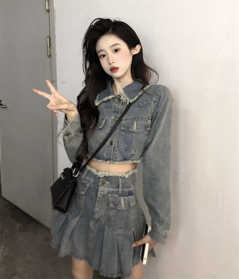 Collared Washed Fray Crop Button Denim Jacket / High Waist Pleated Mini A SpreePicky