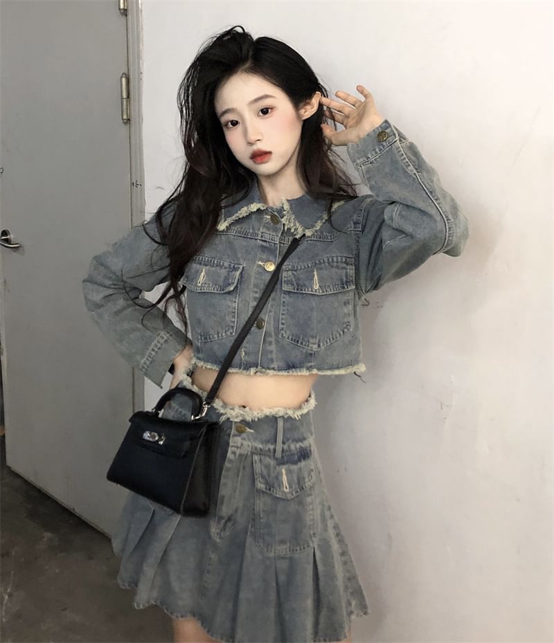 Collared Washed Fray Crop Button Denim Jacket / High Waist Pleated Mini A SpreePicky