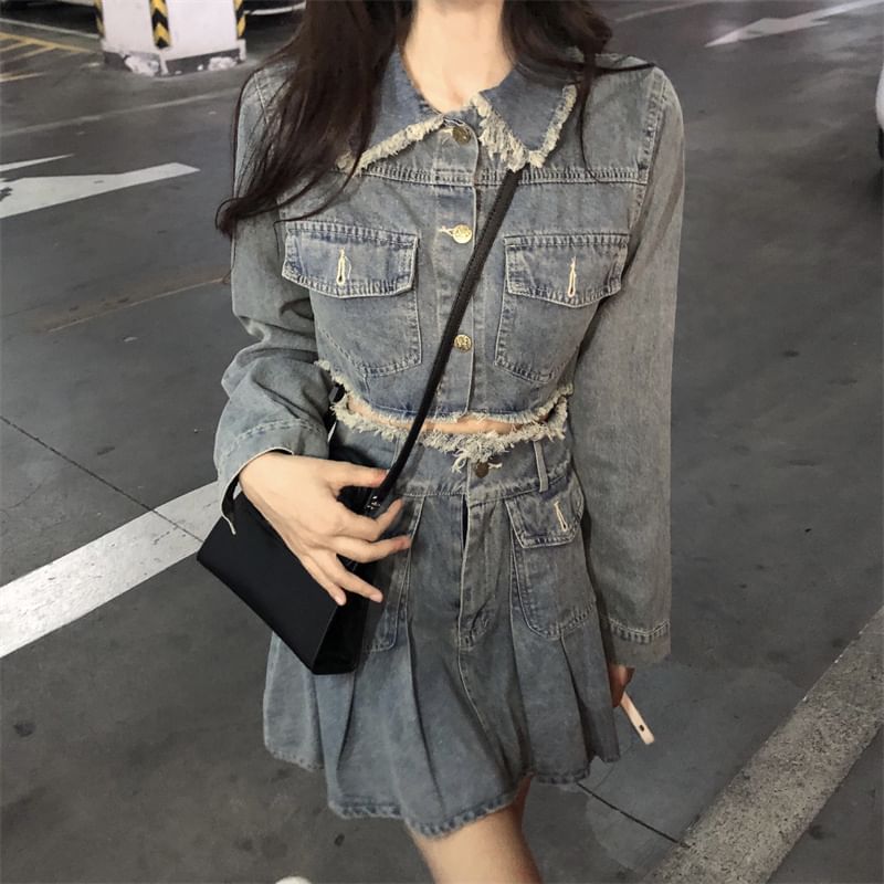 Collared Washed Fray Crop Button Denim Jacket / High Waist Pleated Mini A SpreePicky