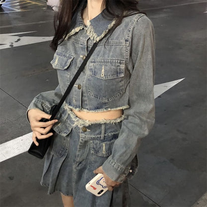 Collared Washed Fray Crop Button Denim Jacket / High Waist Pleated Mini A SpreePicky