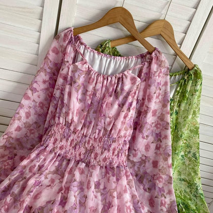 Long-Sleeve Scoop Neck Floral Maxi A-Line Dress mySite