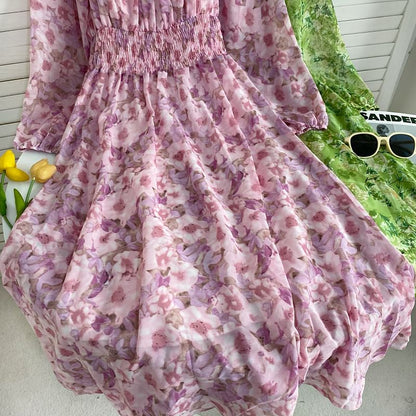 Long-Sleeve Scoop Neck Floral Maxi A-Line Dress mySite