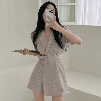 Short-Sleeve Belted Midi Blazer Dress mySite