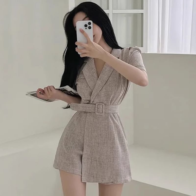 Short-Sleeve Belted Midi Blazer Dress mySite