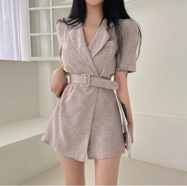 Short-Sleeve Belted Midi Blazer Dress mySite