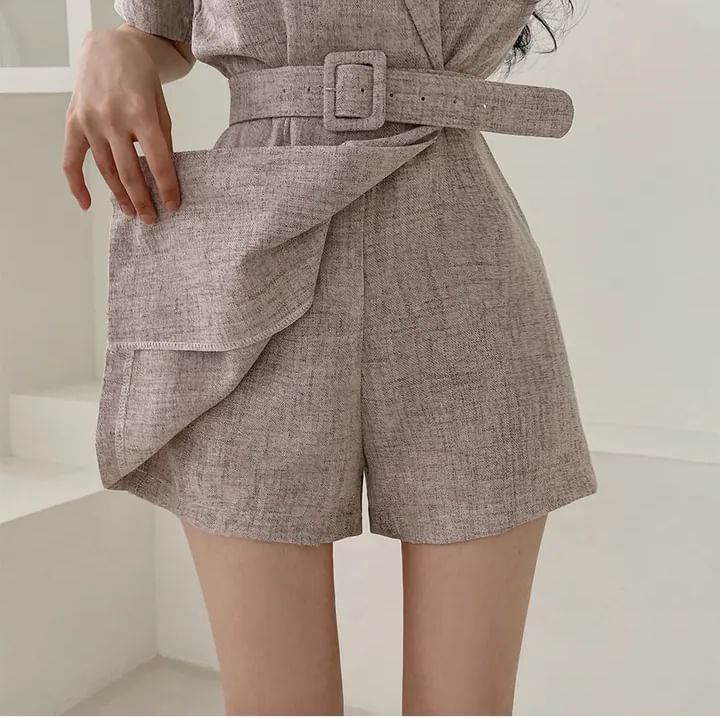 Short-Sleeve Belted Midi Blazer Dress mySite