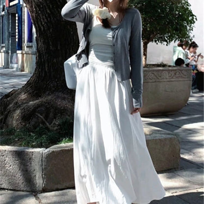 Plain Cardigan / Camisole Top / High Waist Maxi A-Line Skirt SpreePicky