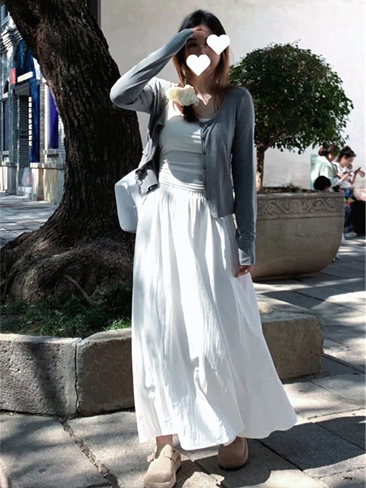 Plain Cardigan / Camisole Top / High Waist Maxi A-Line Skirt SpreePicky