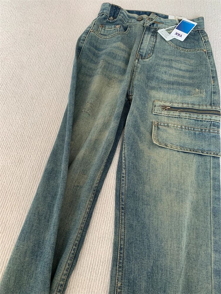 Mid Rise Fringed Hem Washed Wide Leg Jeans SpreePicky