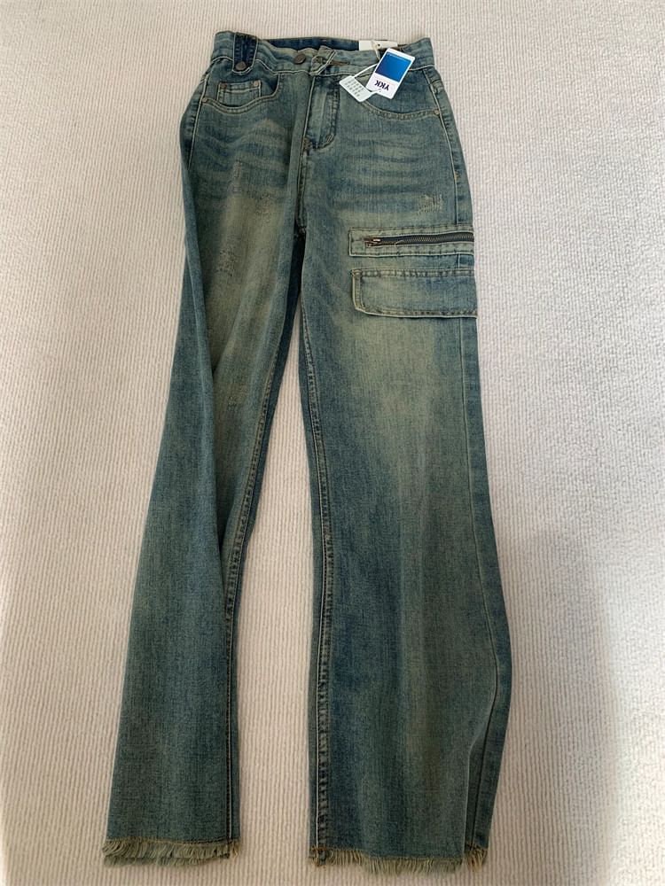 Mid Rise Fringed Hem Washed Wide Leg Jeans SpreePicky