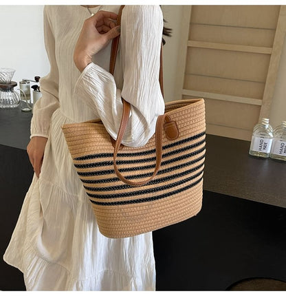 Striped Woven Tote Bag SpreePicky