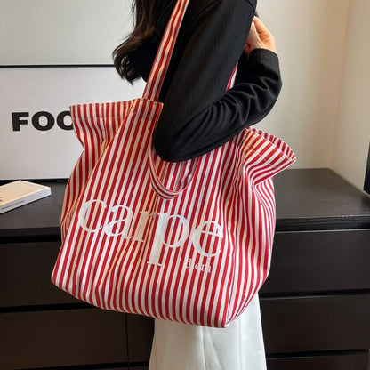 Lettering Print Striped Canvas Tote Bag SpreePicky